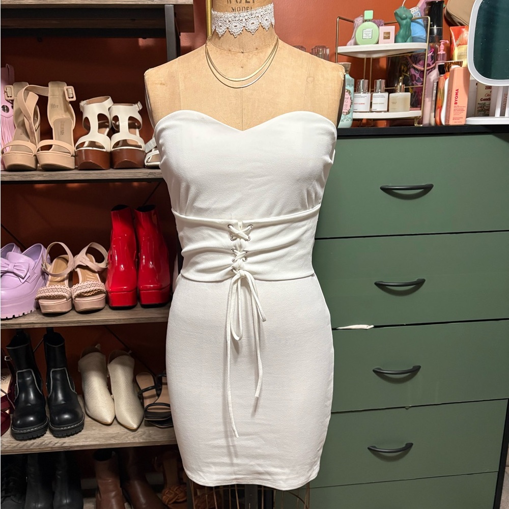 Strapless White Dress with Corset Detail